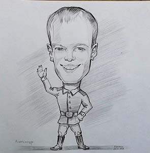  шаржист на свадьбе в Калининграде шарж по фотосолдат машет рукой